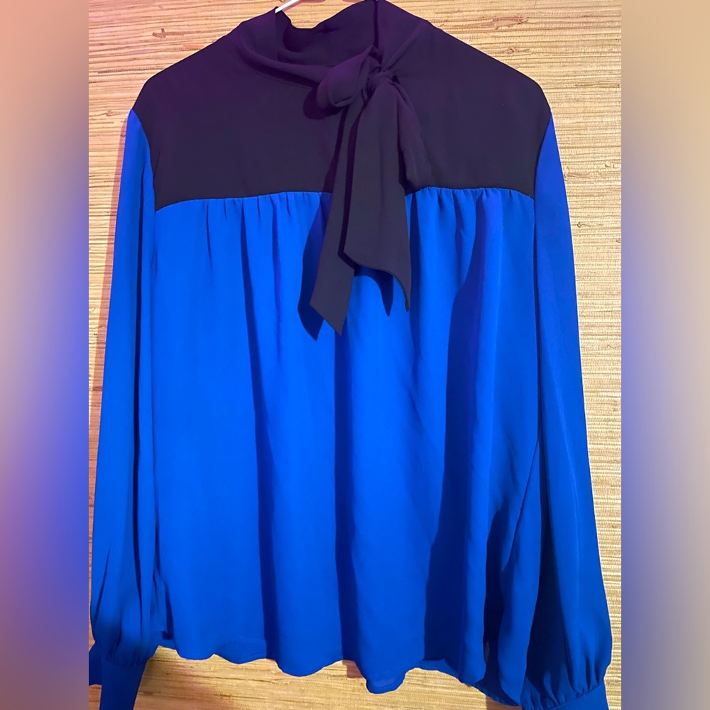 Woman’s blue and royal black blouse with bow